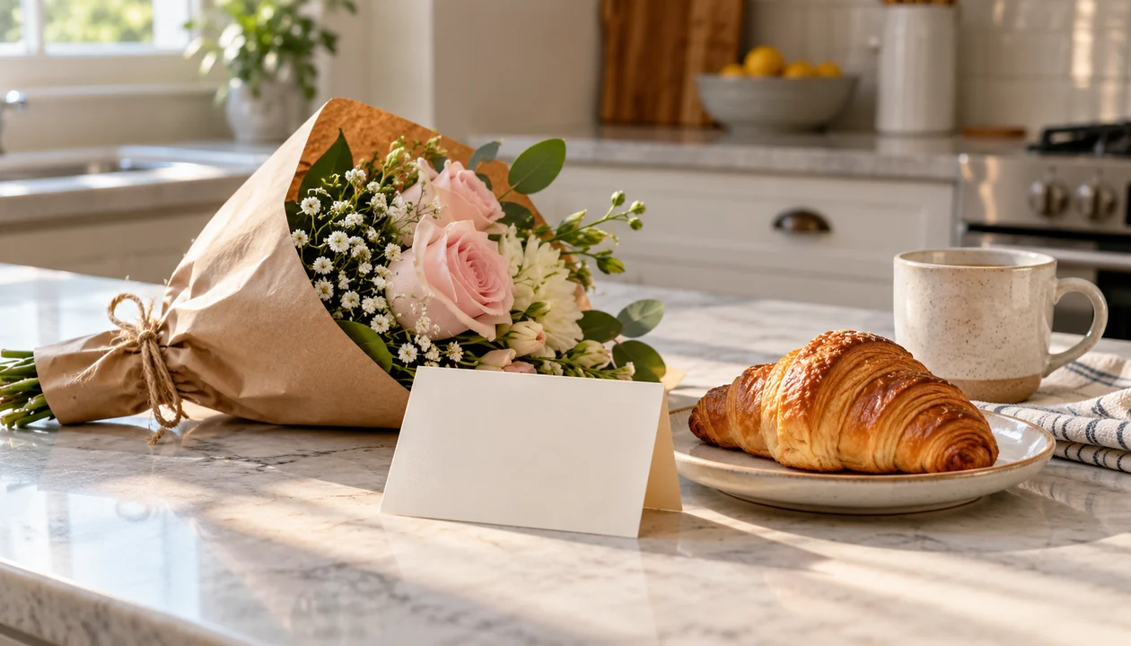 A small bouquet and a favorite pastry beside a blank note on a kitchen counter