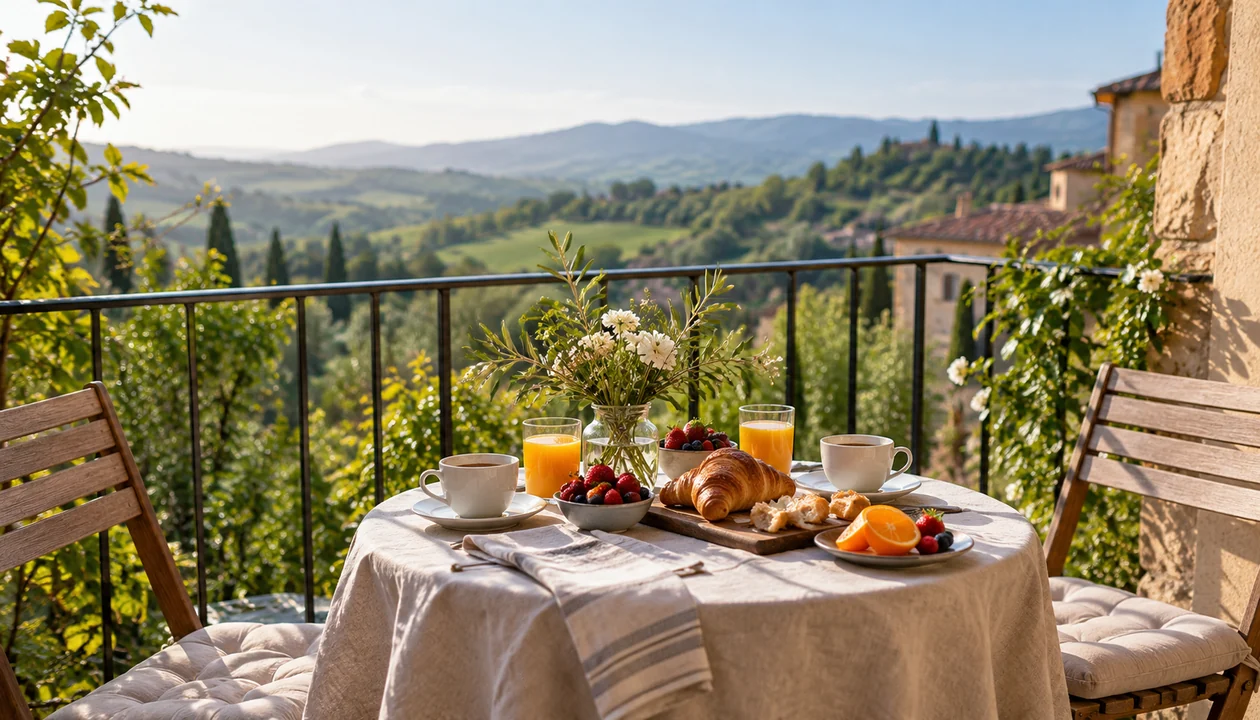 Breakfast for two on a countryside balcony