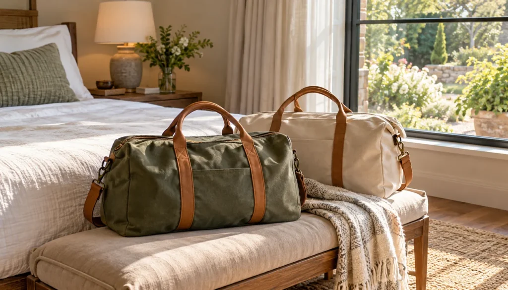 Two compact travel bags beside a sunlit guest-room window