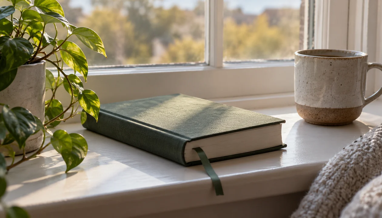 A small closed pocket book with a plain ribbon bookmark on a windowsill