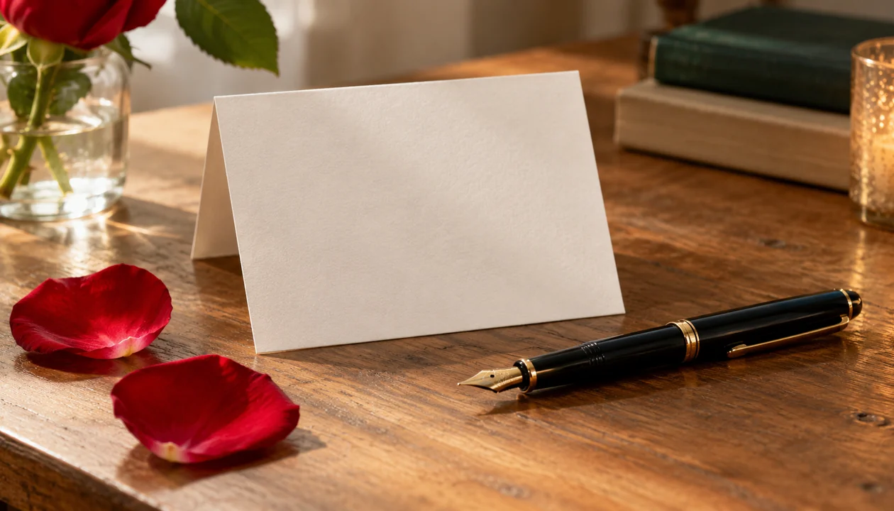 A plain folded card beside a fountain pen and two rose petals
