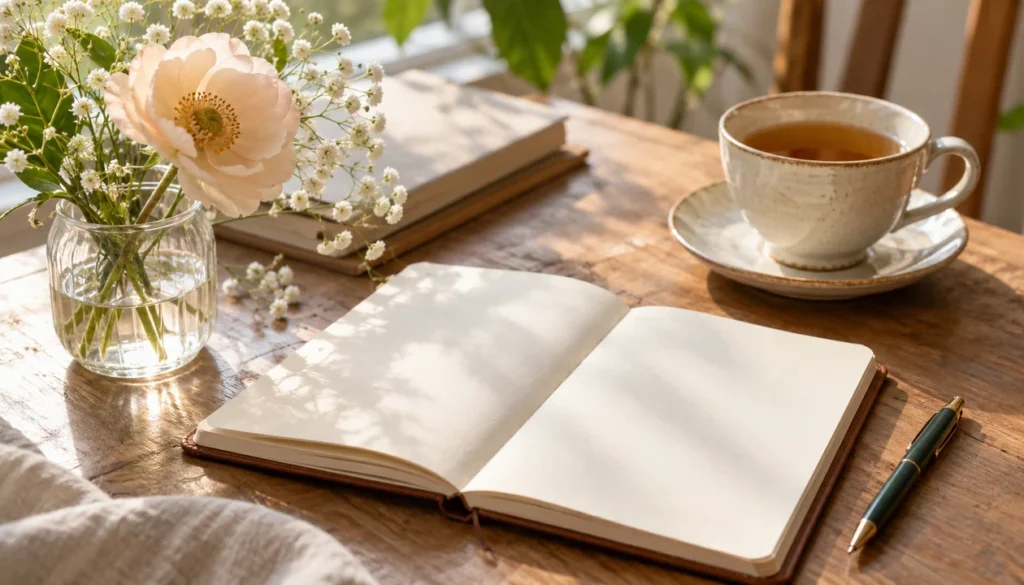 A small blank notebook beside a delicate flower and a tea cup