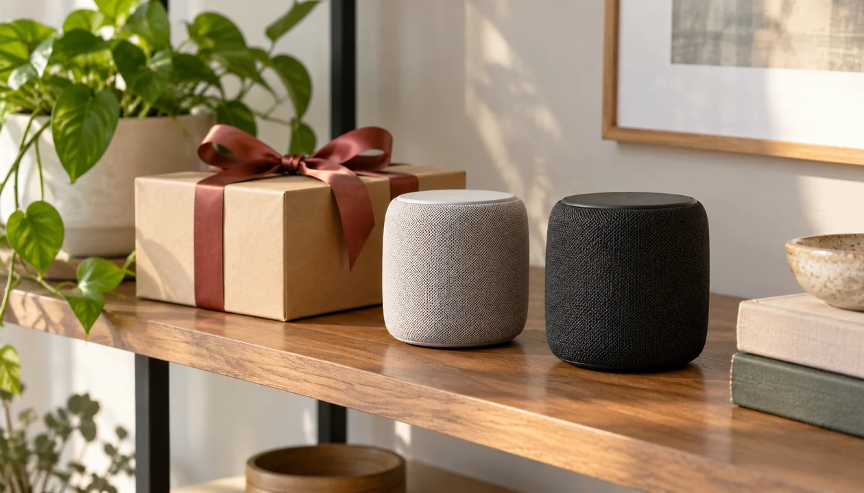 Two unbranded wireless speakers beside a ribbon-tied electronics gift box