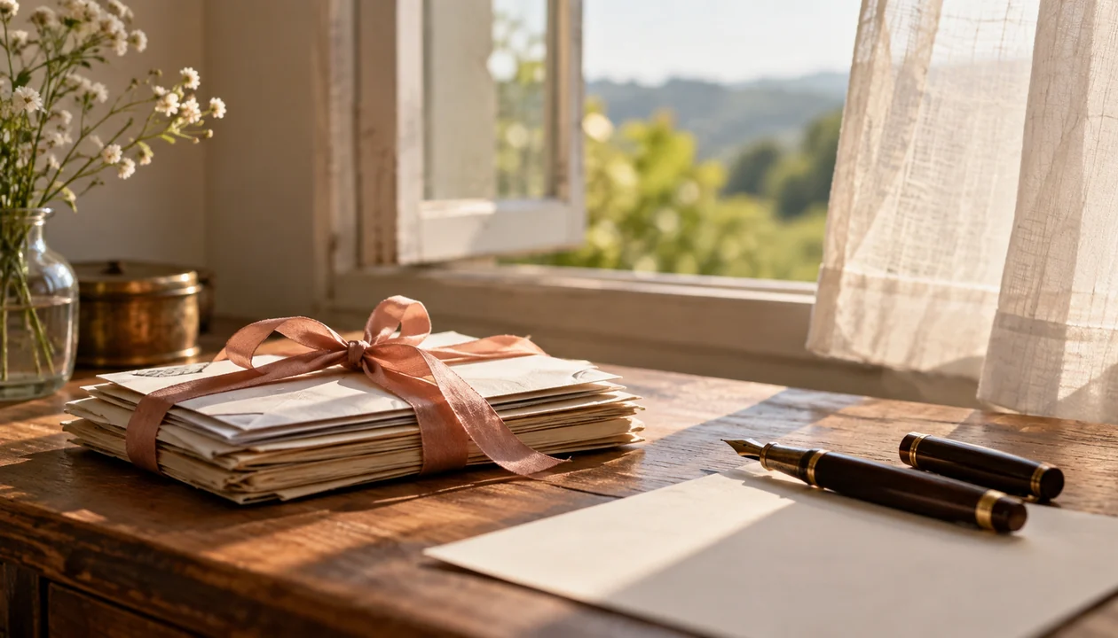 Bundle of letters tied with ribbon beside a fountain pen