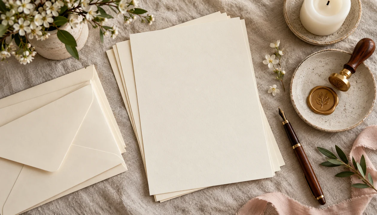A writing kit with blank ivory stationery, envelopes and a wax seal on linen