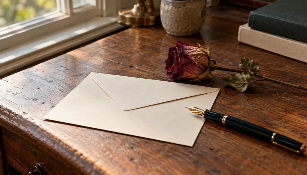 A fountain pen beside a blank envelope and a single dried rose on a wooden desk