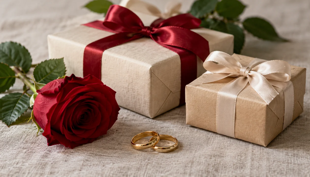 Two elegant ribbon-tied gifts beside a single rose and a pair of simple gold bands