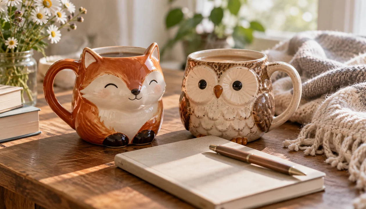 Two ceramic animal-shaped mugs beside a small plain notebook