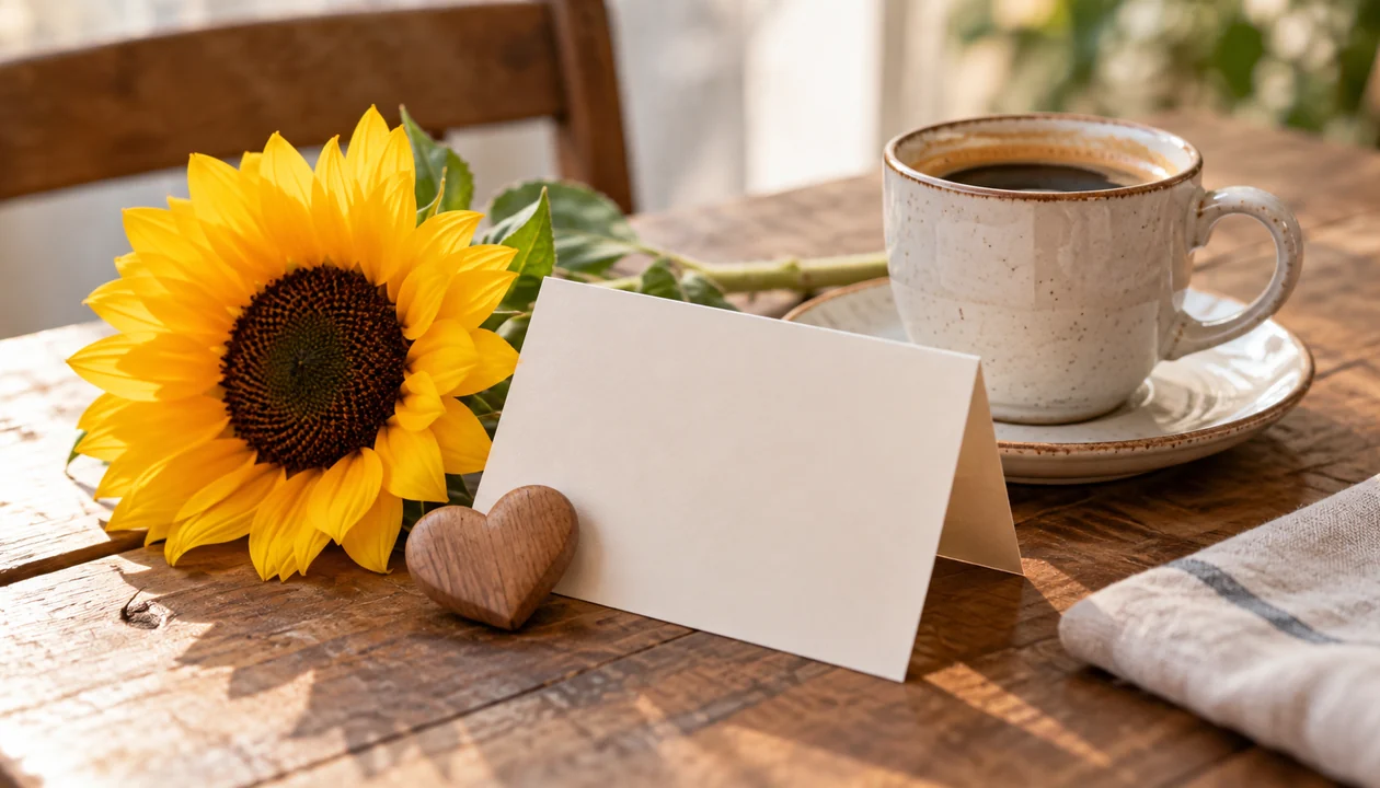 A cheerful yellow flower and a plain folded card beside a cup of coffee