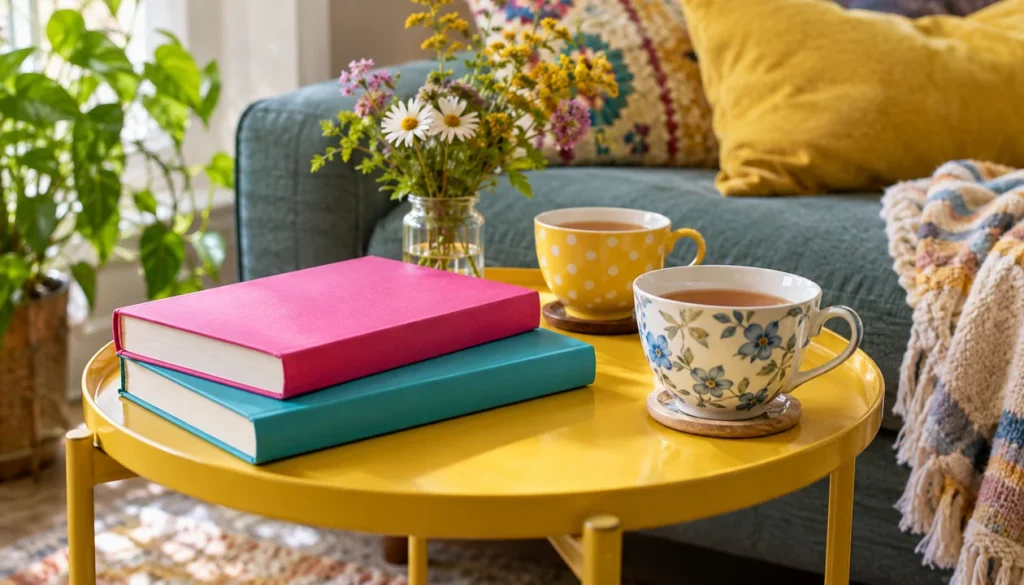 Colorful books and mismatched teacups for a shared poetry reading