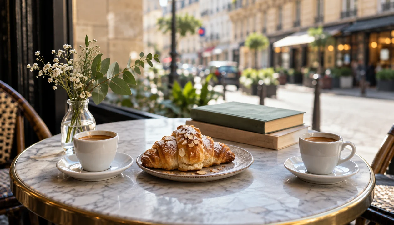 Espresso cups and a shared pastry at a cafe