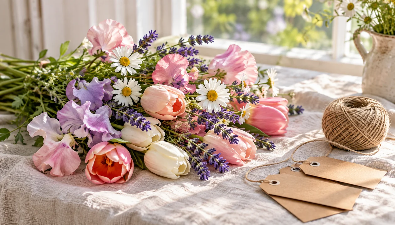 Mixed bunch of tulips, daisies and lavender with blank kraft tags on a linen cloth