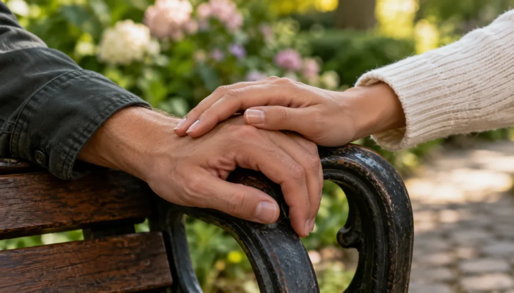 Two hands resting together on a park bench