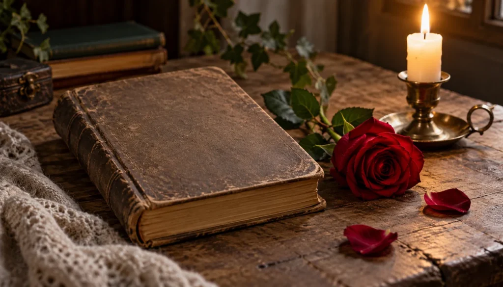A weathered storybook with a blank cover beside a red rose and a simple brass candleholder