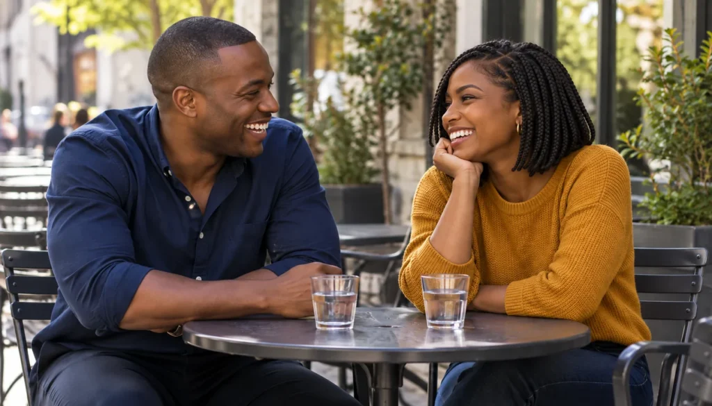 Couple laughing together at an outdoor cafe