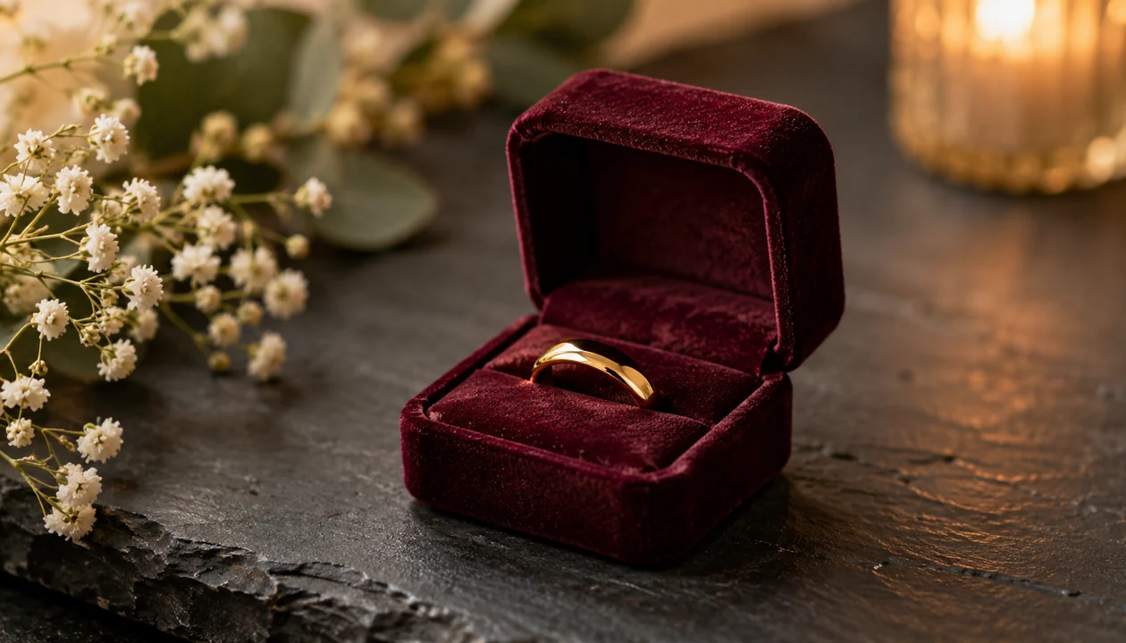 Simple gold ring in an open velvet box