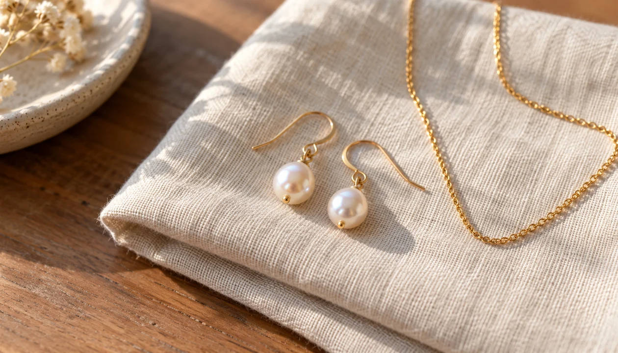 Pearl drop earrings and a thin gold chain on linen