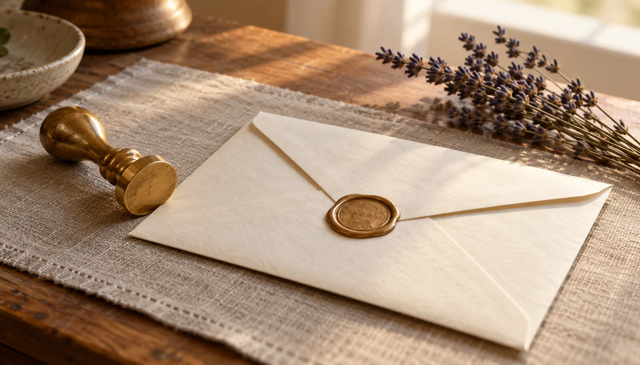 Wax-seal stamp and a sealed envelope beside dried lavender