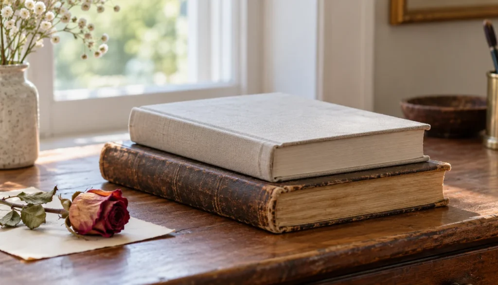 Vintage and linen-bound books beside a pressed rose