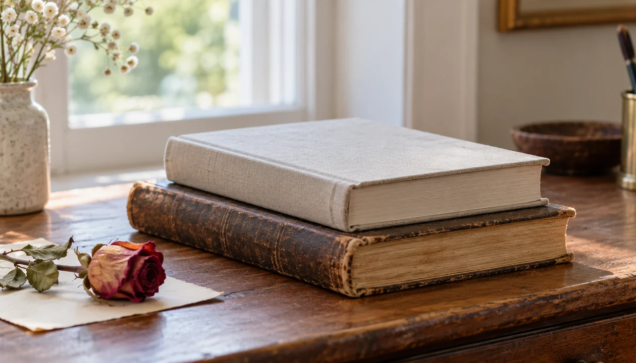 Vintage and linen-bound books beside a pressed rose