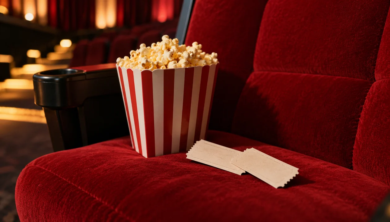 Two unprinted movie tickets beside popcorn on a red cinema seat