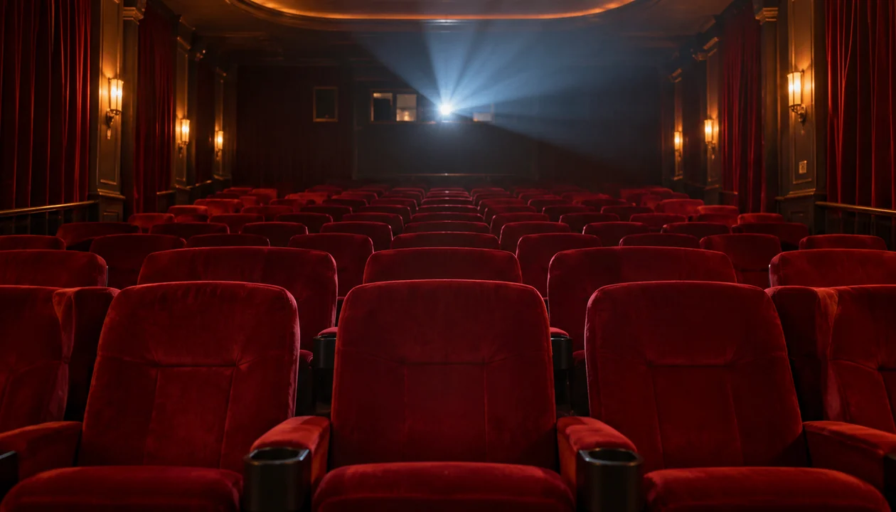 An empty intimate movie theater with red seats and a soft projector beam