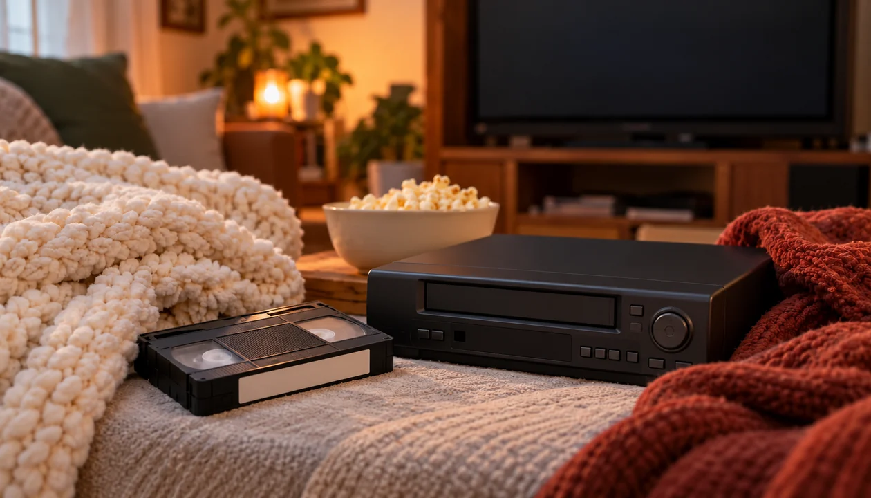 VHS tape and video recorder on a knitted blanket beside a bowl of popcorn