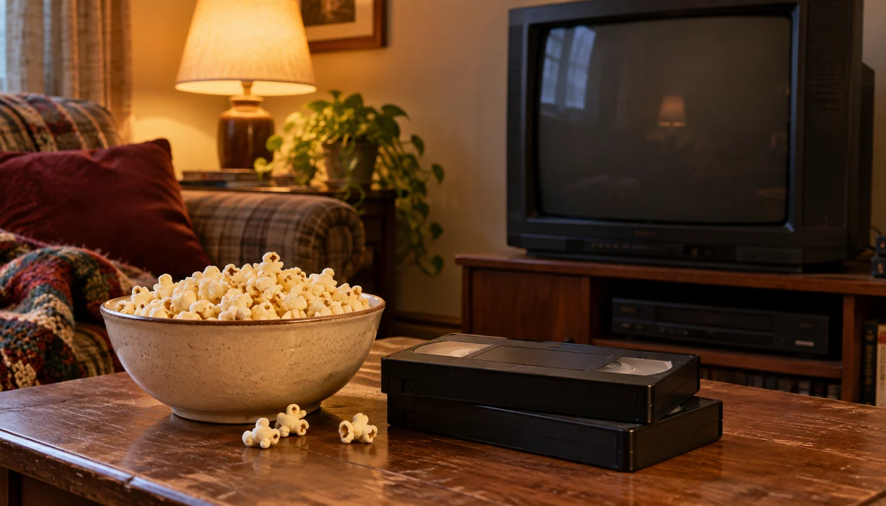 A 1990s-style home television with its screen dark beside two plain VHS cases and a bowl of popcorn