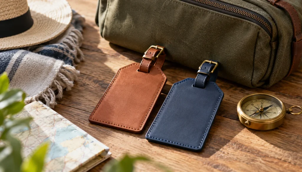 Two luggage tags without printing beside a compact travel bag and a small brass compass