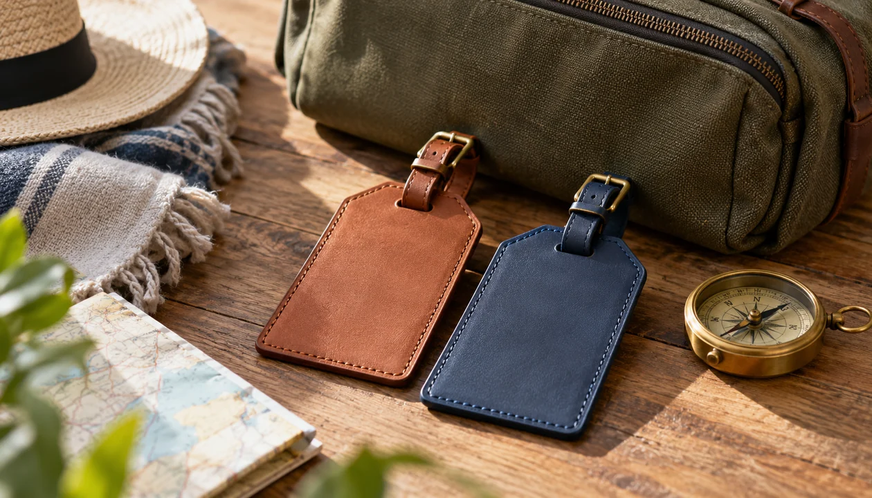 Two luggage tags without printing beside a compact travel bag and a small brass compass