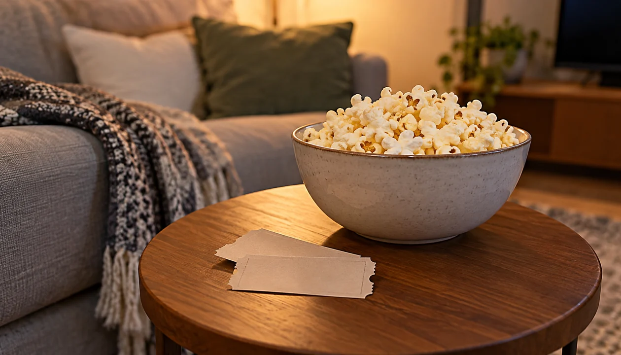 Two plain cinema tickets and a bowl of popcorn on a side table