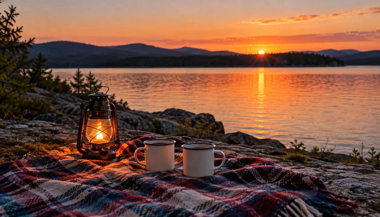 Picnic blanket, lantern and mugs beside a lake at twilight