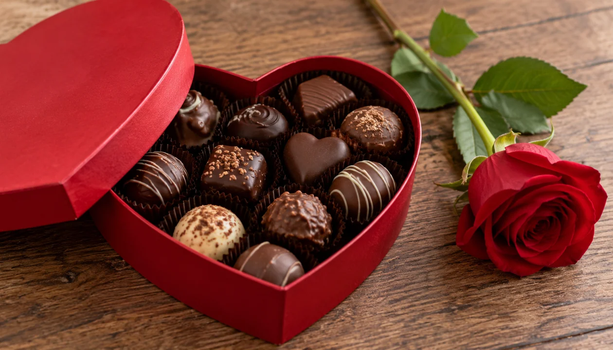 A heart-shaped chocolate box with chocolates visible beside a simple rose stem
