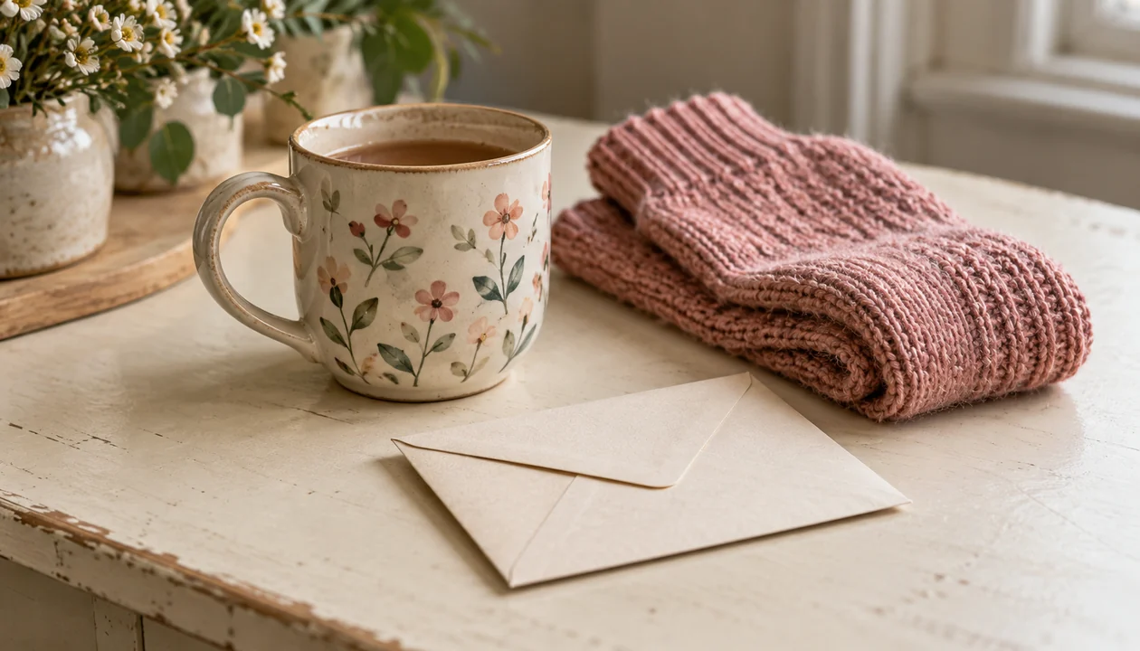 Hand-painted mug, knitted socks and a sealed envelope