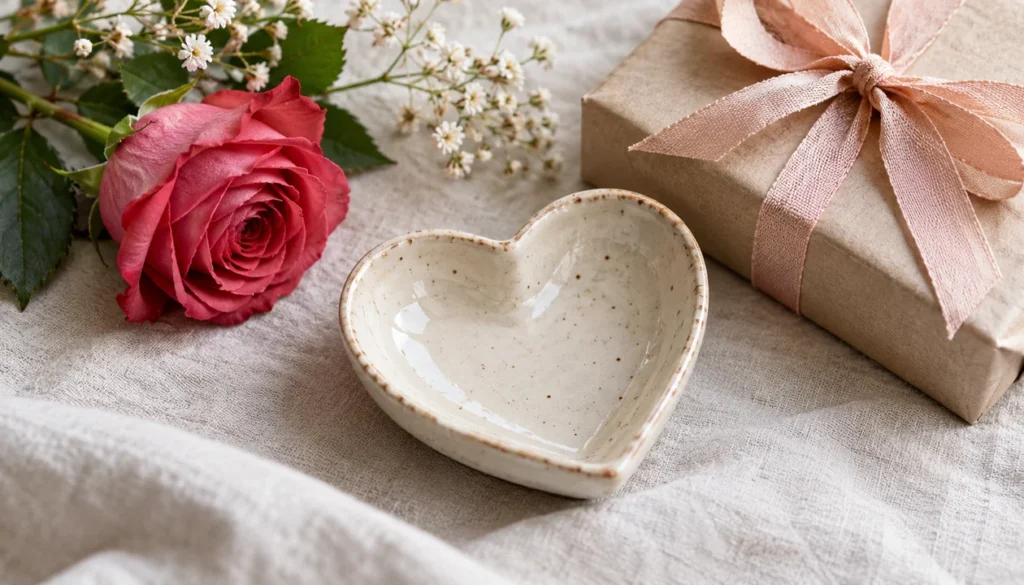 A small handmade ceramic heart dish beside a flower and a plain ribbon-tied gift