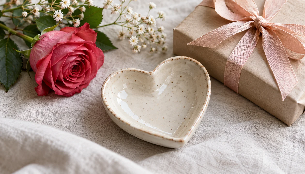 A small handmade ceramic heart dish beside a flower and a plain ribbon-tied gift