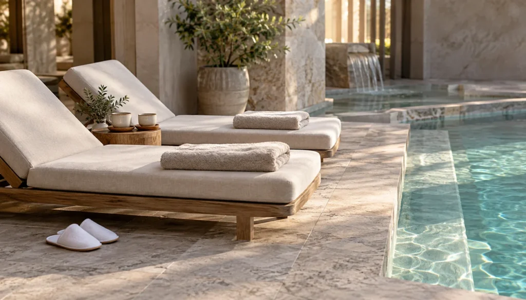 Spa loungers and towels beside a quiet pool
