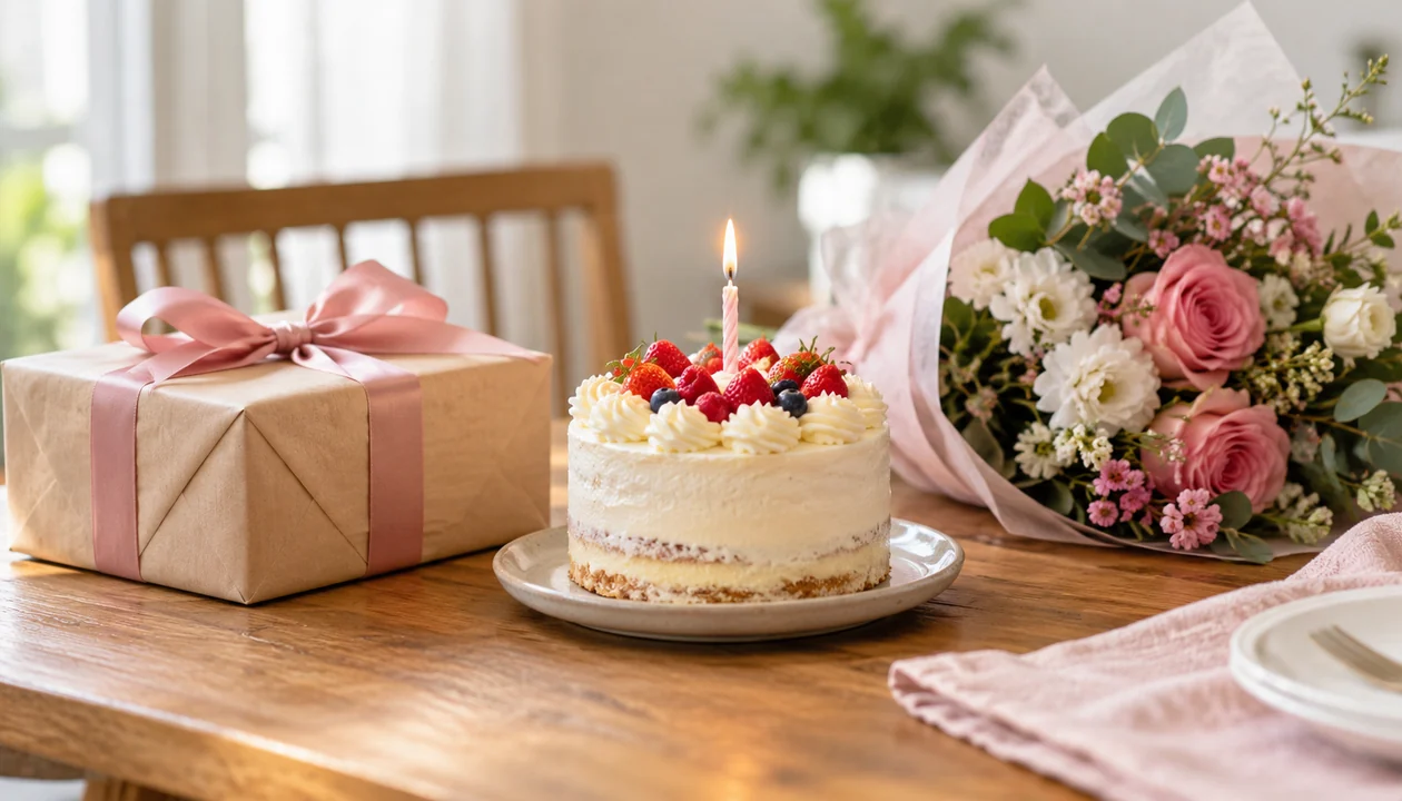 A wrapped birthday gift beside a small cake with one candle and a bouquet