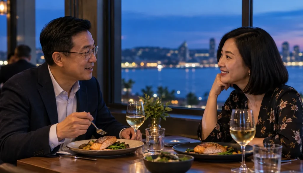 Couple enjoying an anniversary dinner by a restaurant window