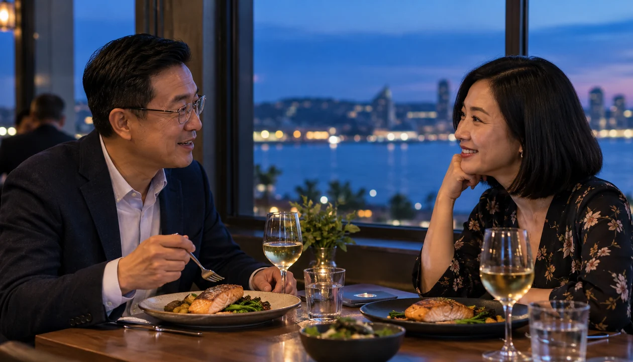Couple enjoying an anniversary dinner by a restaurant window