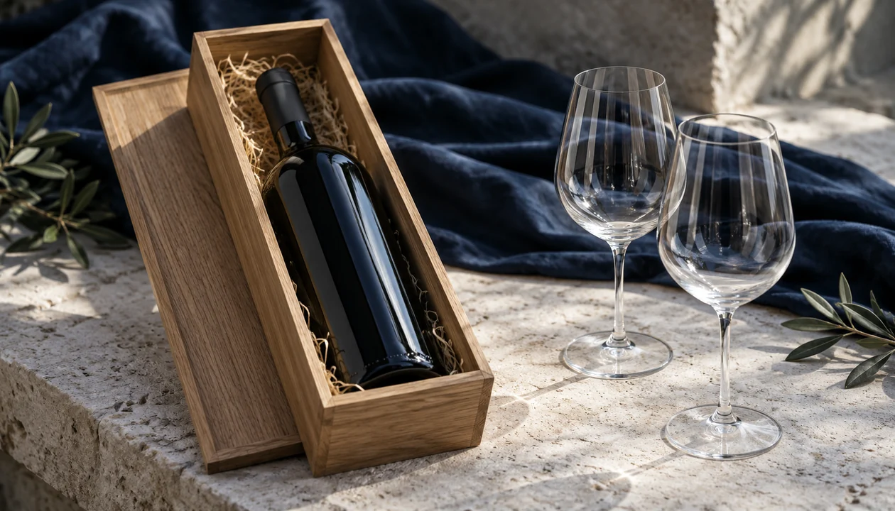 Wine bottle in an oak gift box beside two wine glasses