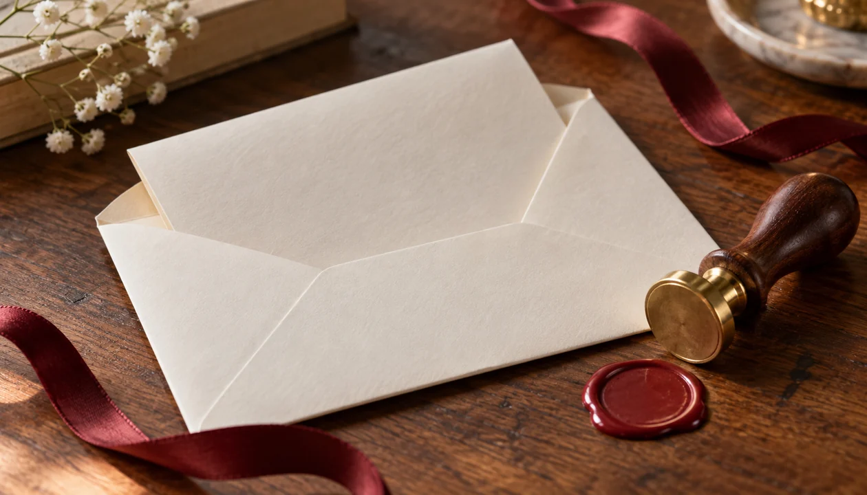 A plain folded letter tucked into a blank envelope beside a wax seal and ribbon