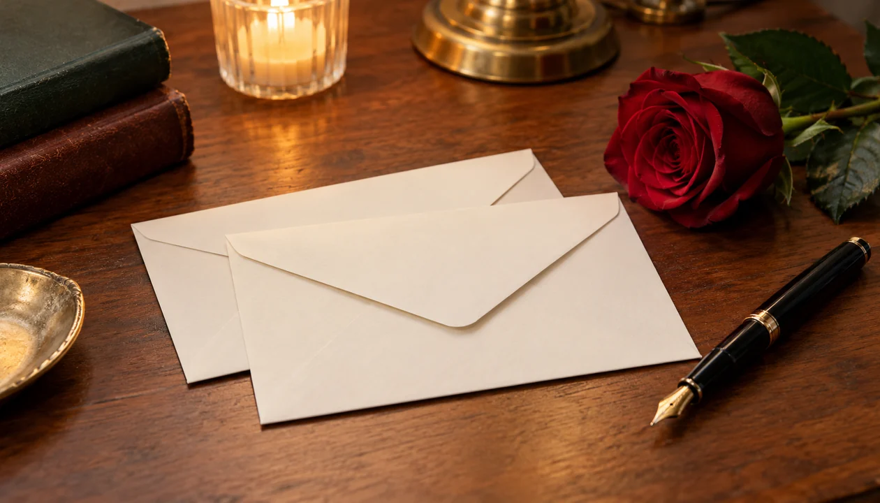 Two blank envelopes beside a fountain pen and a rose on a wooden writing desk