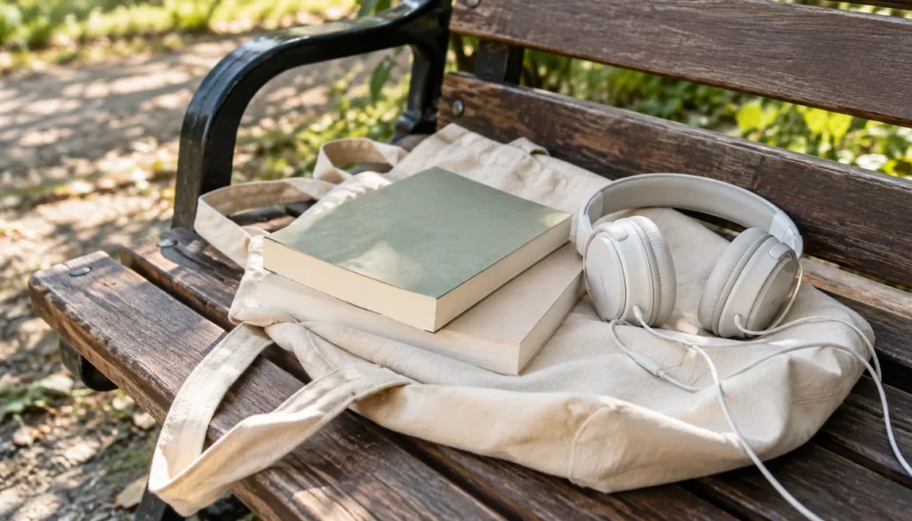 Two plain contemporary paperbacks and wired headphones on a canvas tote beside a park bench
