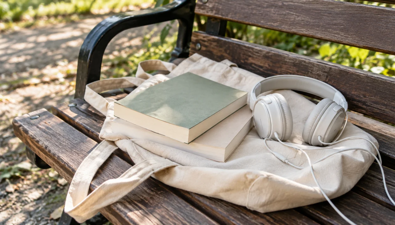 Two plain contemporary paperbacks and wired headphones on a canvas tote beside a park bench